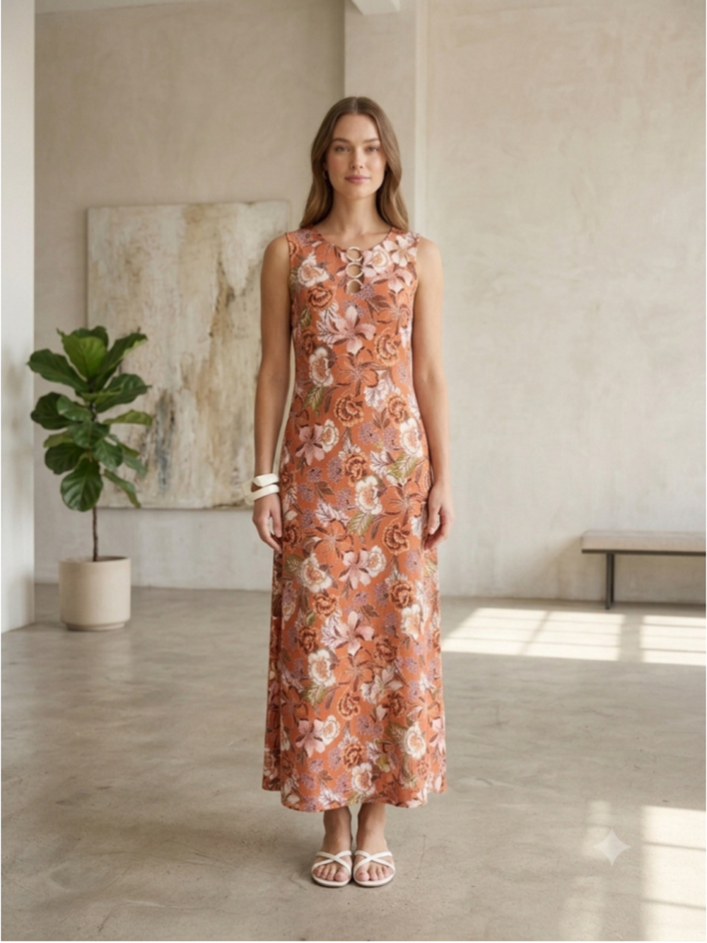 Ellen Weaver Floral Maxi Dress Small Terracotta Boho 70s Vibe O-Ring Keyhole